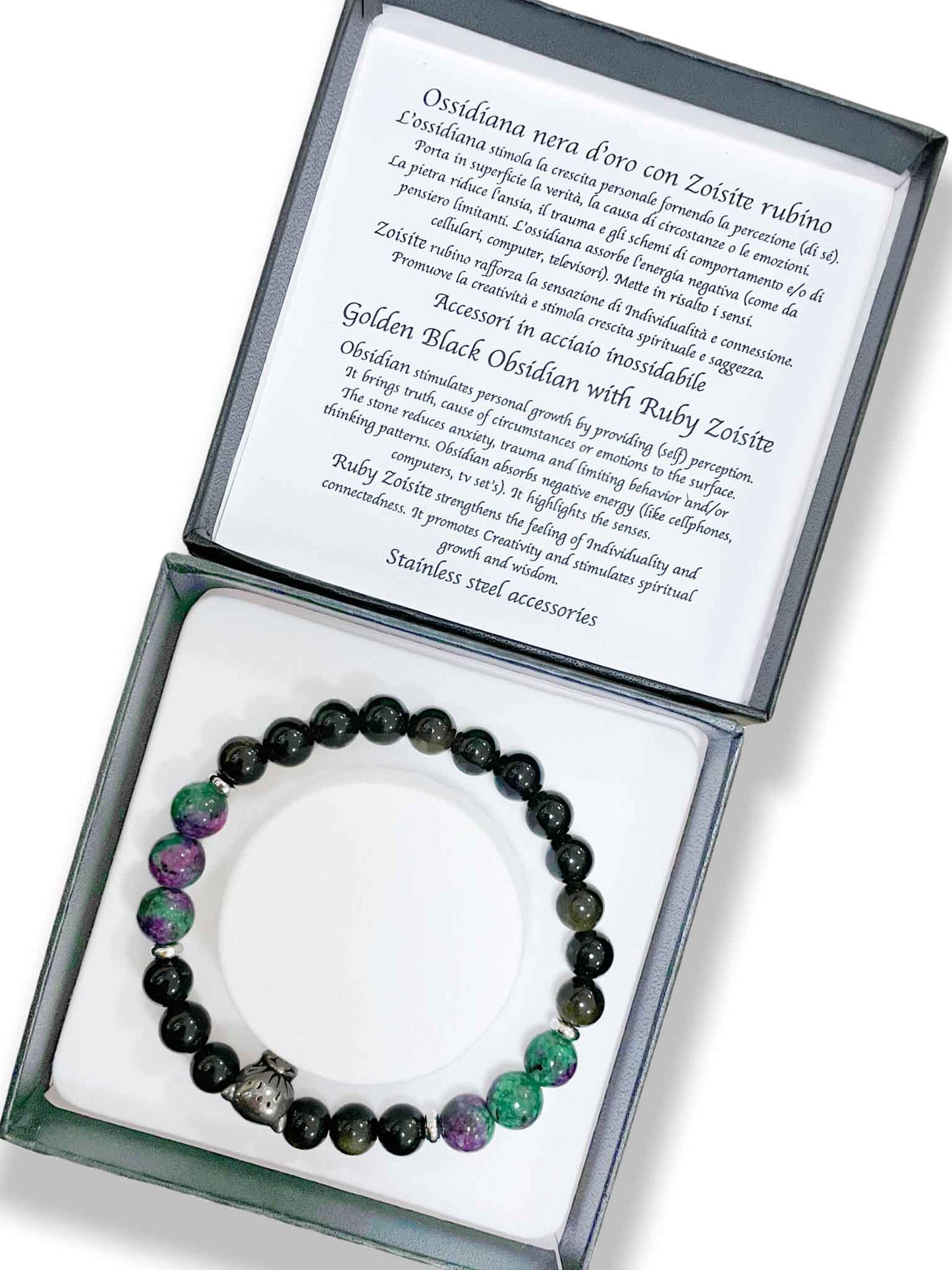 BRACCIALE OSSIDIANA NERA D'ORO CON ZOISITE RUBINO
