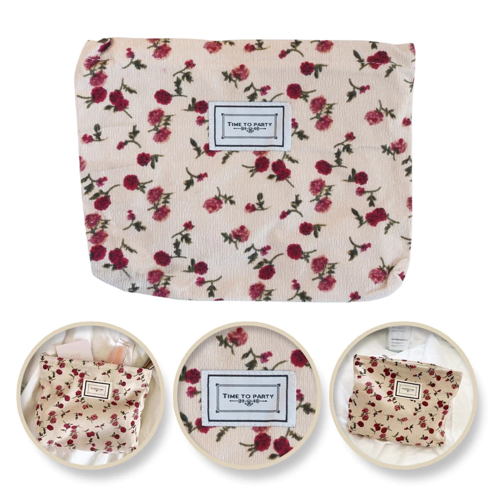 Trousse beige a scomparto singolo con fiori rossi