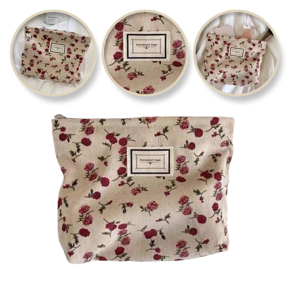 Trousse beige a scomparto singolo con fiori rossi