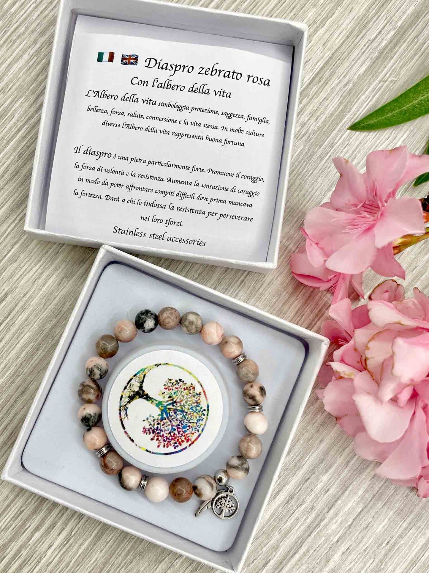 BRACCIALE MITO' : DIASPRO ZEBRATO ROSA E ALBERO DELLA VITA