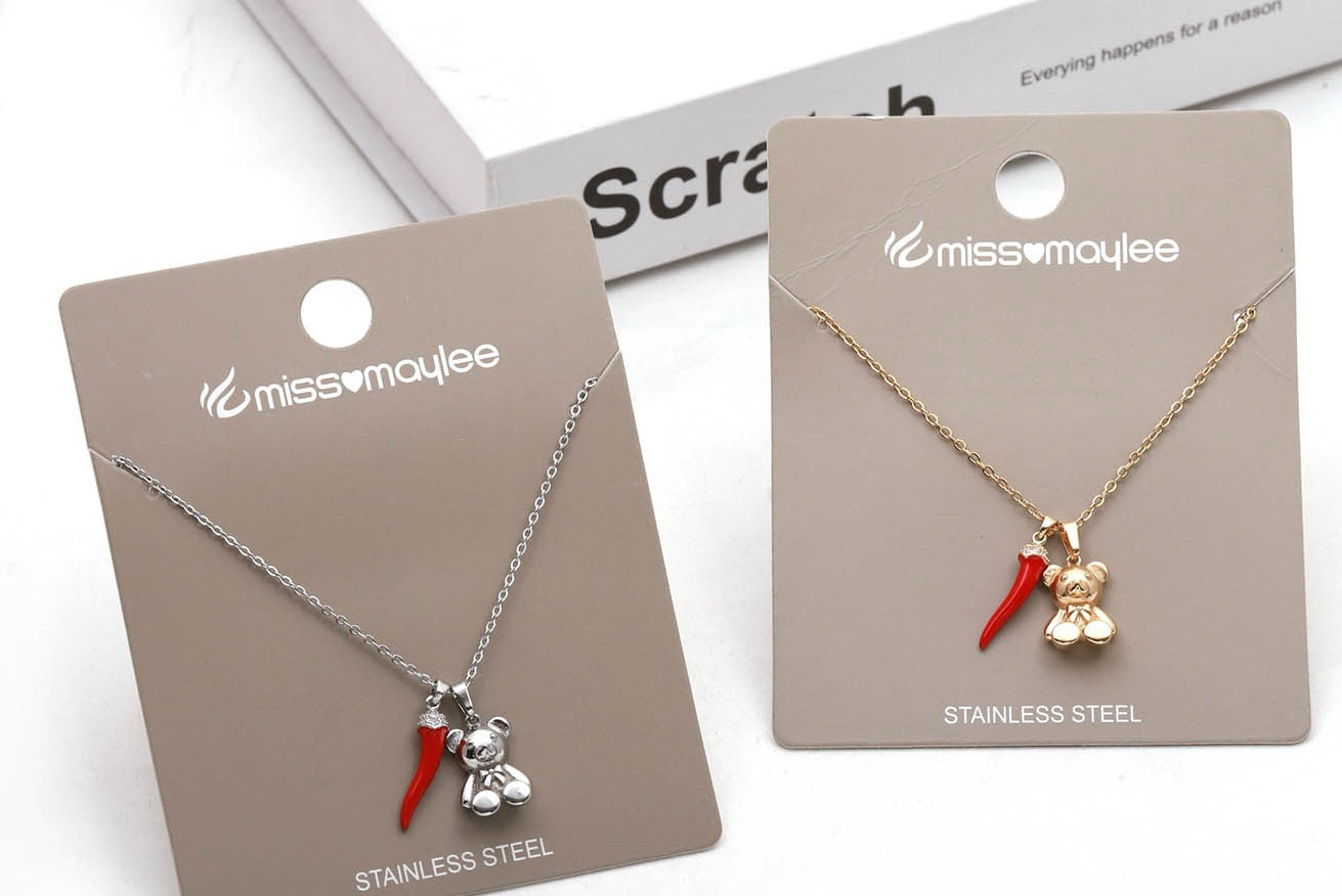 Collana in Acciaio con Orso e Cornetto Portafortuna