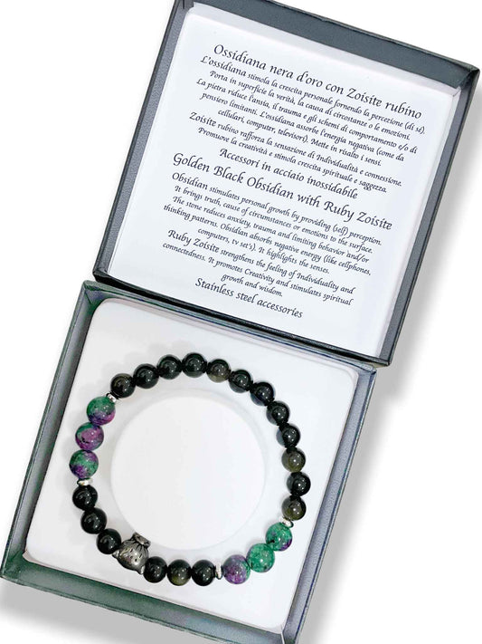 BRACCIALE  OSSIDIANA NERA D'ORO CON ZOISITE RUBINO