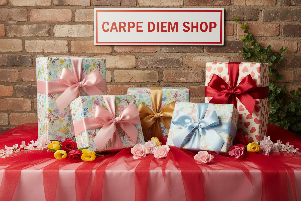 immagine iperealistica di pacchi regalo con fantasie natalizie e fiocchi dorati su un tavolo con tulle rosso , qualche campanella dorata appoggiata sul tavolo , pungitopo rametti di pino , tutto in una composizione da copertina , sfondo un muro di mattoni rustico con un cartello bianco con bordo rosso e la scritta in stampatello CARPE DIEM SHOP ultra hd 8k 